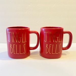 Set of 2 Rae Dunn JINGLE BELLS Red Mugs w/ Gold Lettering Christmas Cups NEW
